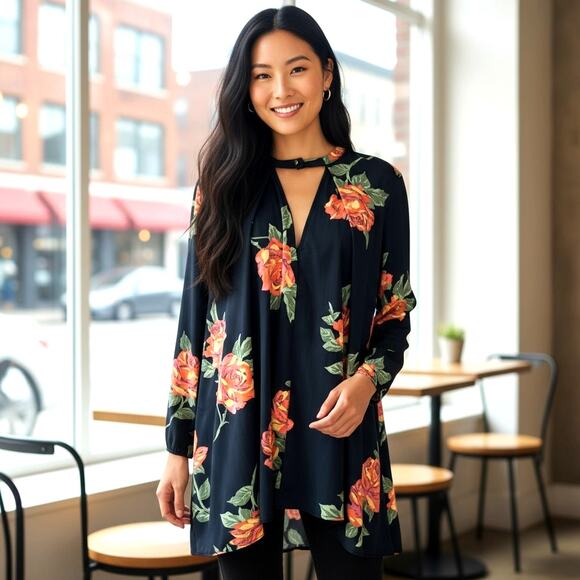 Free People Tops - Free People Bohemian Floral Oversize XS Top V-Neckline Dark Navy Blue